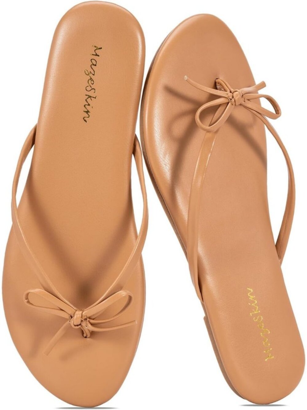Women's Taupe Faux Leather Bow Flip Flops Casual Memory Foam Thong Flat Sandals